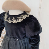 Kid Girl Chic Black Velvet Spring Autumn Casual Dresses