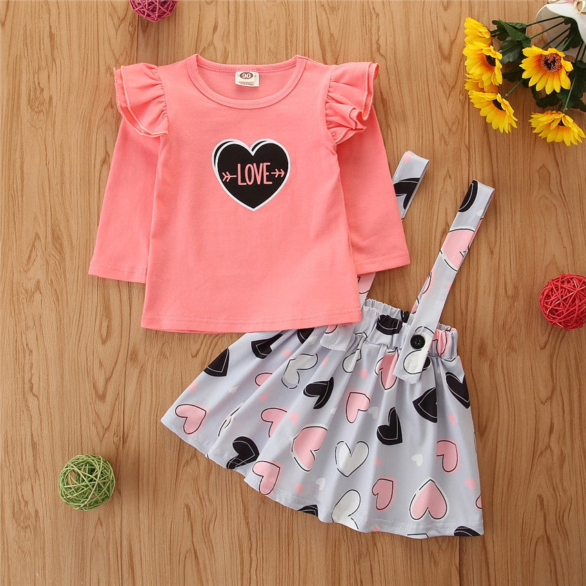 Baby Toddler Girls Valentine's Day Suit Black Fly Sleeve 2 Pcs Sets
