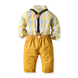 Kid Baby Boy Suit Long Sleeve Plaid Lapel Bowtie Suspenders 2 Pcs Sets