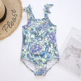 Kid Girl Tropical Print Bowknot Shoulder Strap One-piece Swimsuit