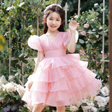 Kid Girl Summer Fairy Pink Puff Bubble Sleeve Princess Dresses