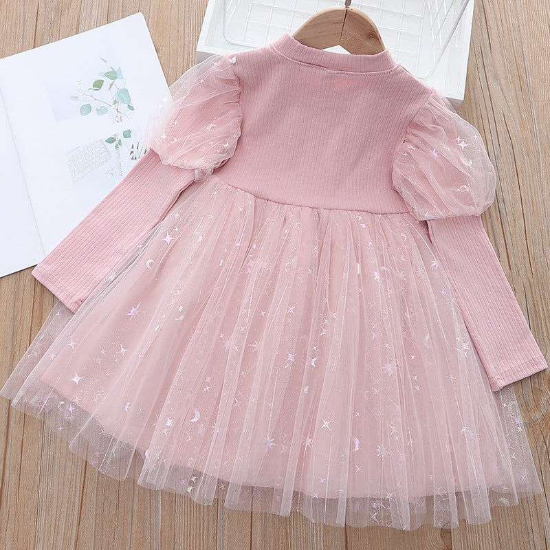 Kid Baby Girl Korean Puff Sleeve Party Net Gauze Casual Dress