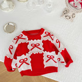 Kid Girl Round Neck Knit Square Checked Bow Cotton Sweater