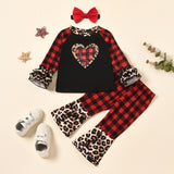 Girls Suit Valentine's Day Leopard Print Plaid Love 3 Pcs Sets