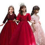 Kid Girl Bubble Sleeve Wedding Princess V-neck Dress