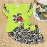 Kid Girl Summer Suit Round Collar Short Sleeves Leopard Bow 2 Pcs Set