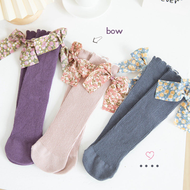 Baby Girl Floral Printed Bow Socks Knee High Socks Sweet Long Socks