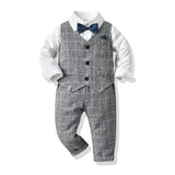 Kid Baby Boy Suit Korean Plaid Long Sleeve British 3 Pcs Sets