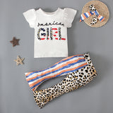 Kid Baby Girl Suit Spliced Letter Flying Sleeve Bell-bottom Independence Day 3 Pcs Sets