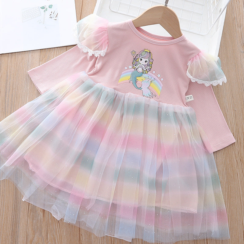 Kid Baby Girl Korean Mermaid Rainbow Mesh Princess Dress