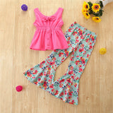 Spring Summer Kids Baby Girl Sleeveless Casual Flared Flower 2 Pcs Set