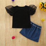 Kid Baby Girl Summer Fashion Mesh Puff Sleeve Letter Denim Sets 2pcs