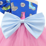 Kid Baby Girl Oblique Print Splicing Bow Mesh Gauze Dresses