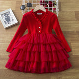 Kid Baby Girl Princess Knitted Cake Long Sleeve Mesh Puffy Dress