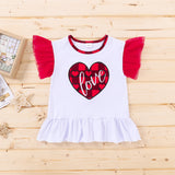 Baby Kid Girls Valentine's Day Check Suit Red Heart Short Sleeve 2 Pcs Sets