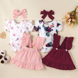 Baby Girl Flower Printed Short Sleeve Strap 3 Pcs Sets