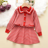 Kid Baby Girl Plaid Lapel Fragrant Knitting Sweater 2 Pcs Sets