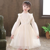 Kid Baby Girl Pearl Lace Gauze Princess Long Sleeve Dresses