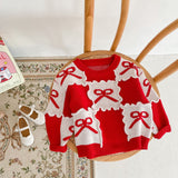 Kid Girl Round Neck Knit Square Checked Bow Cotton Sweater