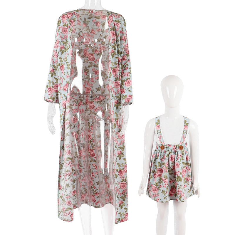 Family Matching Mother Daughter Floral Holiday Beach Leisure Dress Cape
