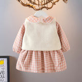 Autumn Winter Kid Baby Girls Plus Velvet Plaid 3 Pcs Sets