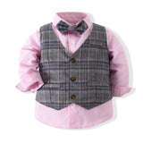 Baby Boy Set Suits Solid Color Plaid Vest Formal 4 Pcs Set