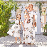 Family Matching Mother Daughter Summer Printed Chiffon Elegant Dresses