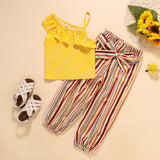 Kid Girls Wave Dot Suspenders Stripe Summer 2 Pcs Set