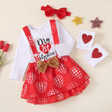 Baby Girl Valentine Party White Printed Dress 4 Pcs Sets