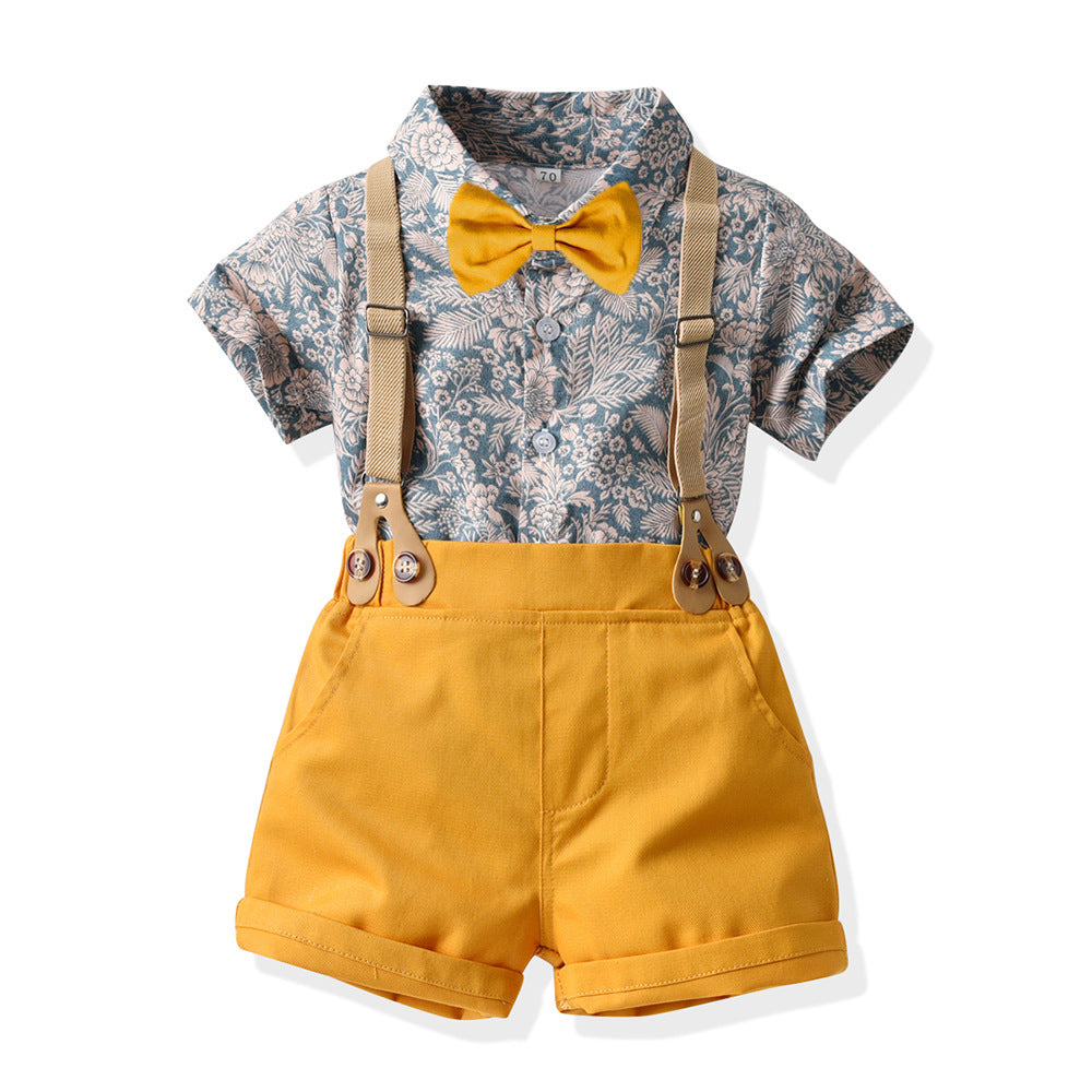Kid Baby Boy Suit Short Sleeve Printed Suspenders Bow Tie Beach 2 Pcs Sets