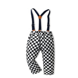 Kid Baby Boy Checkered Long Sleeve Lapel Cardigan 2 Pcs Sets