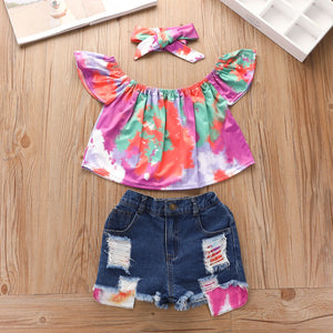 Summer Kid Baby Girls Suit Tie-dyed Ripped Denim Shorts 3pcs