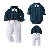 Baby Boy Suit Plaid Halter Overalls Newborn 4 Pcs Sets