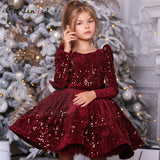 Kid Girl Wine Red Princess Sequins Bowknot Long Sleeve Birthday Dress