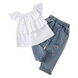 Kid Baby Girl Suit Shoulder Flounces Ripped Jeans 2 Pcs Sets