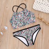 Kid Girls Swimwear Feather Print Binding Bikini Swimsuits