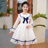 Kid Girls Spring Summer Navy Academy Lace Long Sleeve Princess Dress