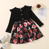 Spring New Girl Black Long Sleeve Pit Strip Stitched Flower Velvet Dress 1-6Y