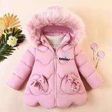 Girls Jacket Thick Keep Warm Detachable  Wool Collar Down Padded Hooded Coat