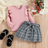 Kid Baby Girl Long Sleeve Plaid Short 2 Pcs Sets