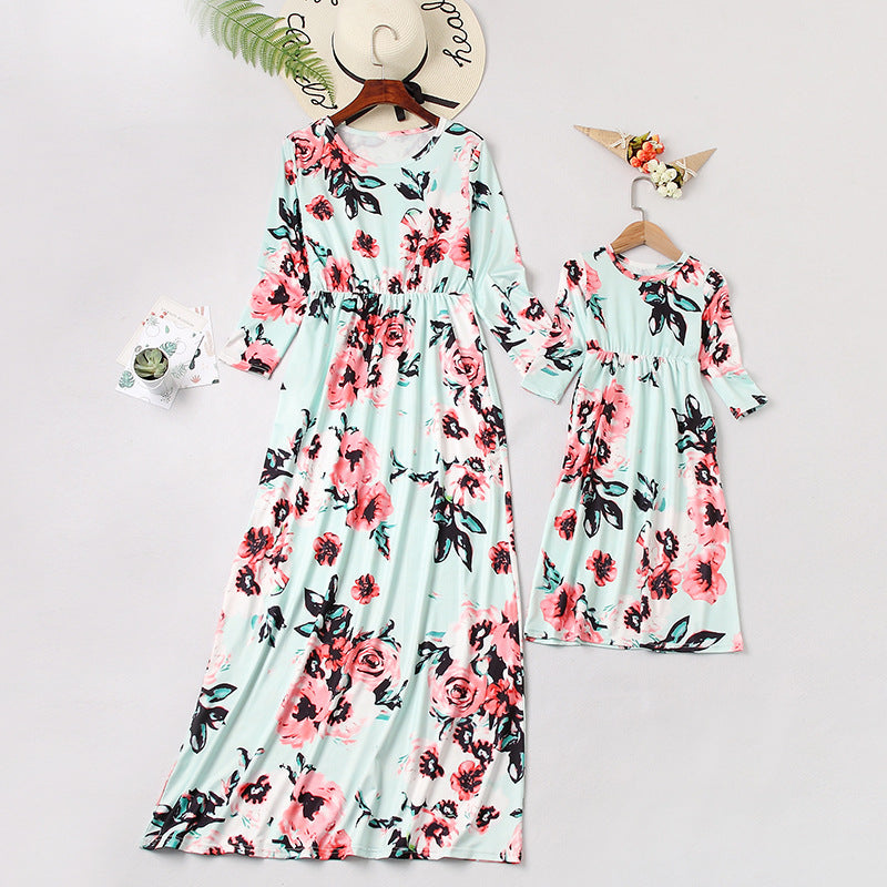 Family Matching Printed Mother and Daughter Flower Dress