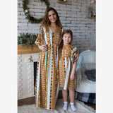 Family Matching Geometric Print V-neck Short Sleeve Long Dress