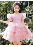 Kid Girl Summer Fairy Pink Puff Bubble Sleeve Princess Dresses