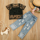 Kid Baby Girl Suit Summer Short Sleeve Lace Hollowed-out Jeans 2 Pcs Sets
