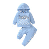 Baby Boy Girl Suit Plaid Hooded Solid Color 2 Pcs Sets