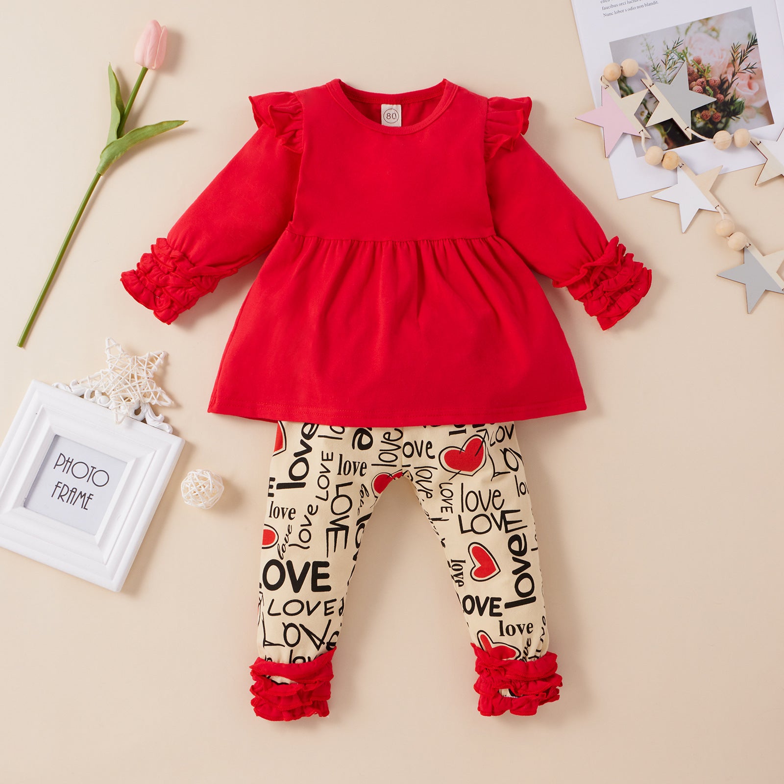 Baby Toddler Girl Suit Valentine's Day Long Sleeve Letter Heart Lace 2 Pcs Sets