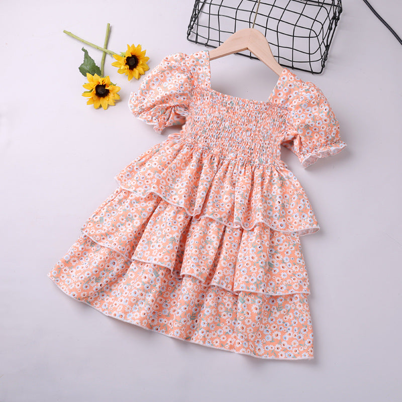 Summer Kid Baby Girls Bubble Sleeve Chiffon Cake Floral Casual Dresses