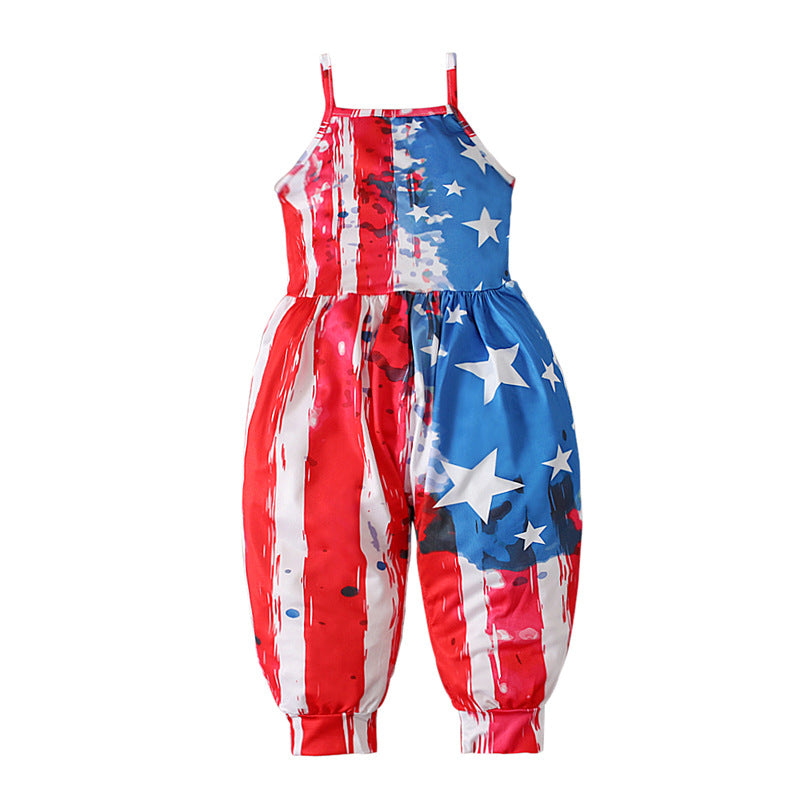Kid Baby Girl Onesie Crawl Suit  American Flag Halter Pants Trousers