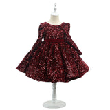 Kid Girl Wine Red Princess Sequins Bowknot Long Sleeve Birthday Dress