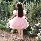 Kid Girl Summer Fairy Pink Puff Bubble Sleeve Princess Dresses